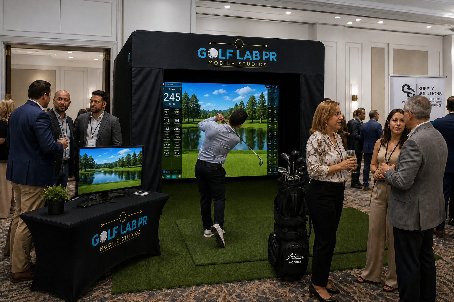 Golf Lab PR mobile simulator at a corporate event in Puerto Rico