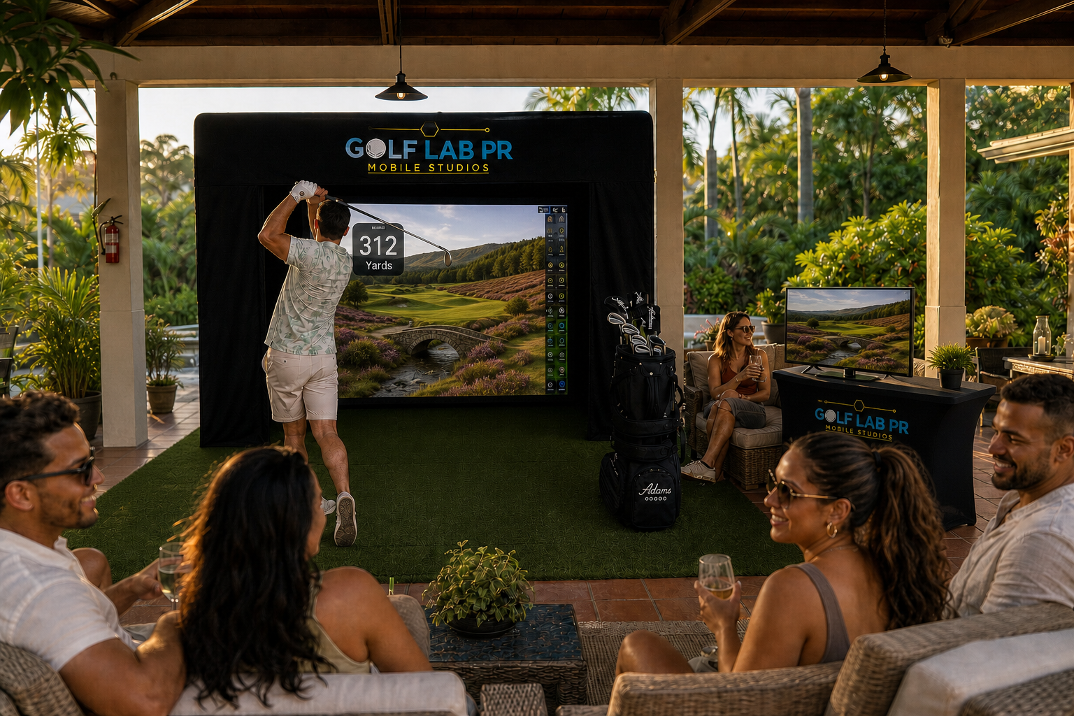 Golf Lab PR mobile simulator at a private villa party in Puerto Rico