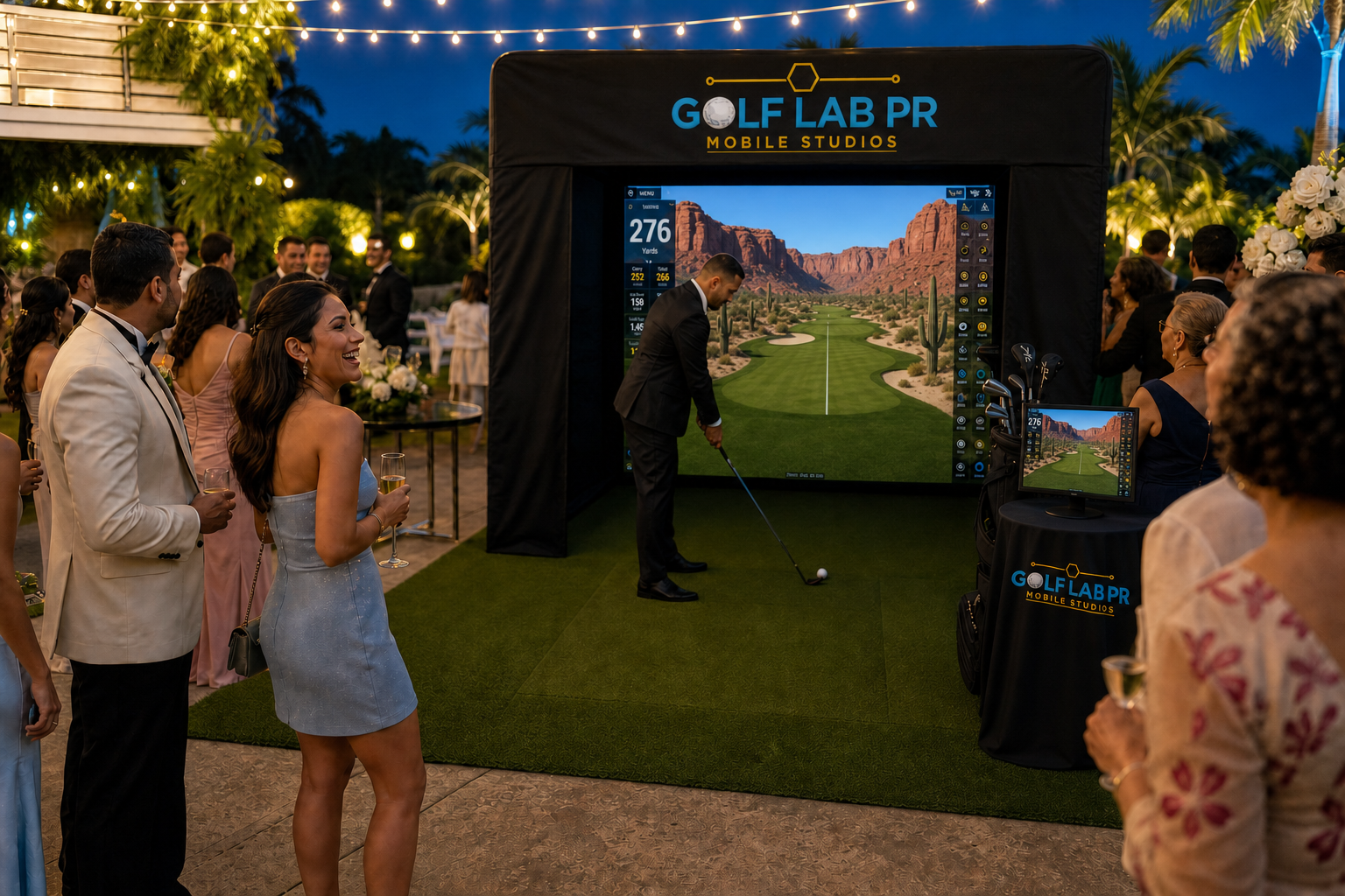 Golf Lab PR mobile simulator at a tropical wedding celebration in Puerto Rico